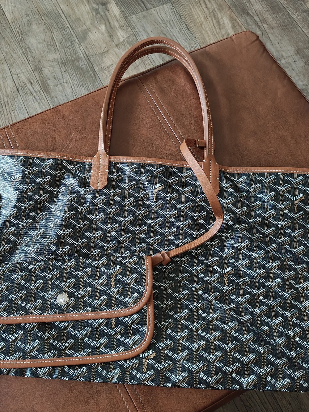 Coated Canvas Tote with Brown Leather Trim